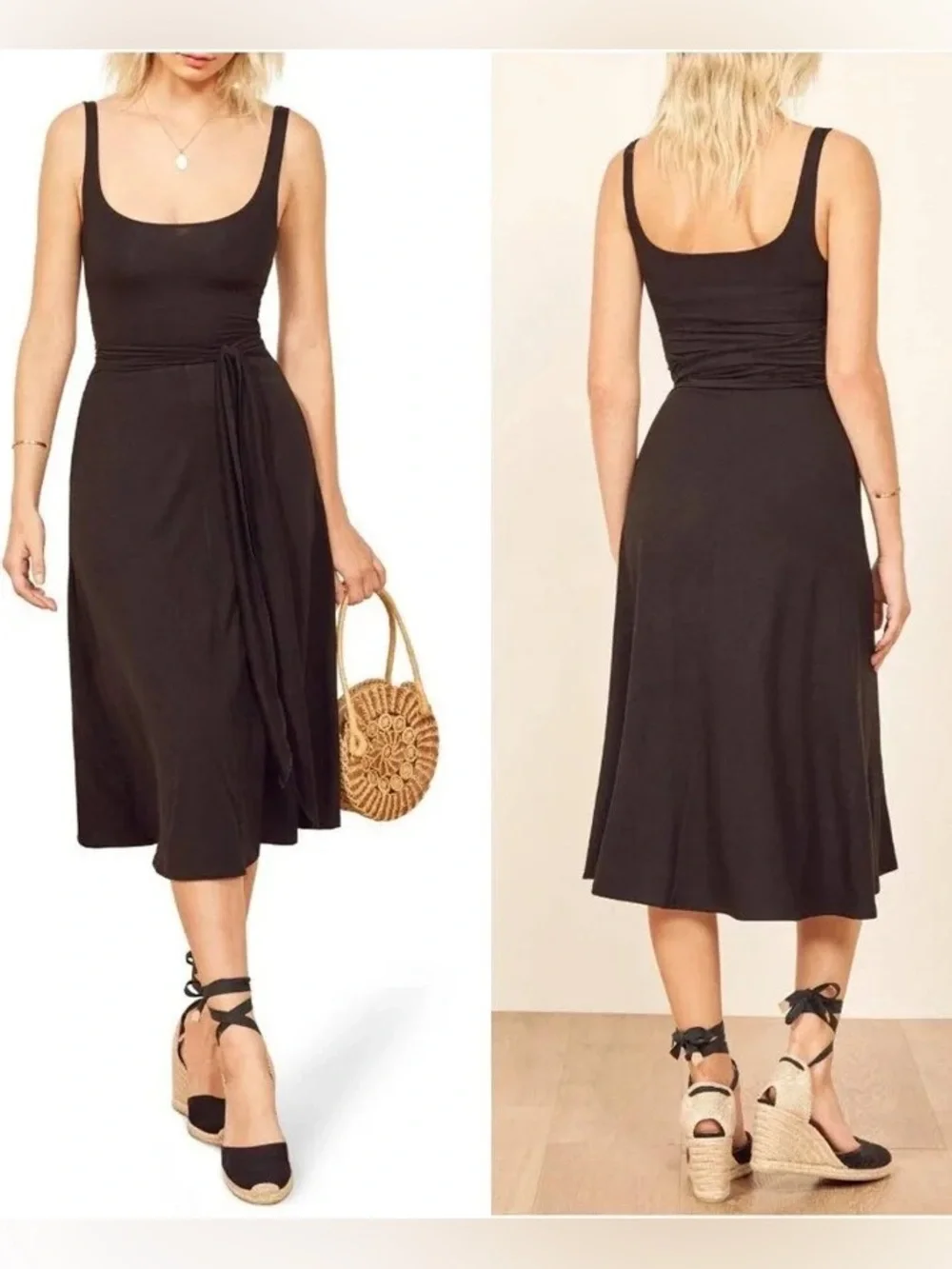 Reformation Jeans Black August Midi Dress w/ Tie - Medium - Excellent Condition - Picture 2 of 16